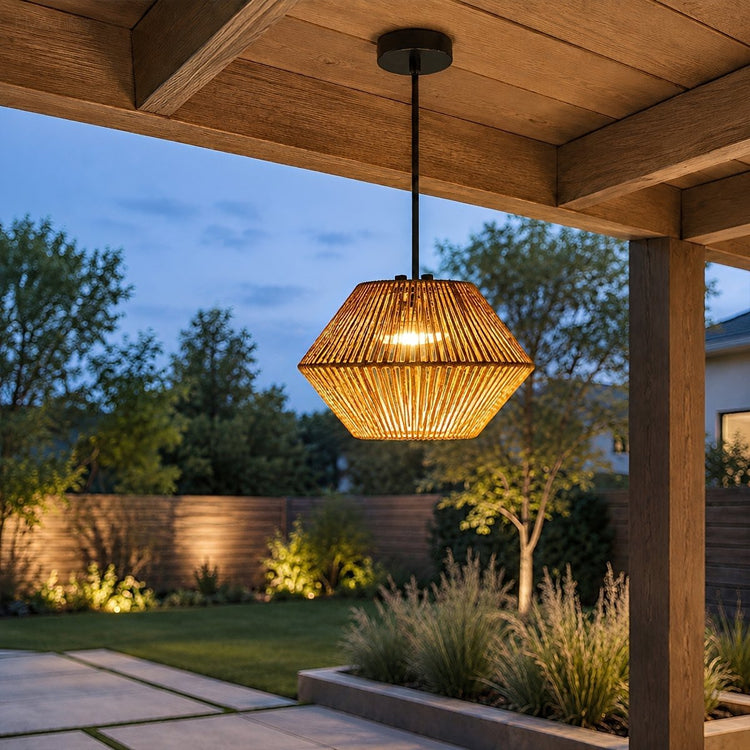 Waterproof Coastal Geometric Rattan LED Outdoor Pendant Light - Flyachilles