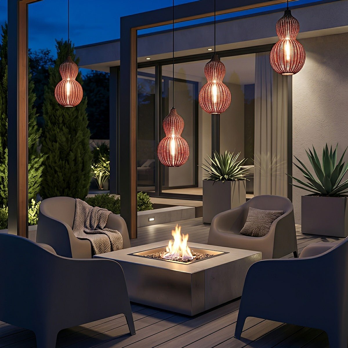 Waterproof Coastal Gourd Handwoven Rattan Outdoor Pendant Lights - Flyachilles