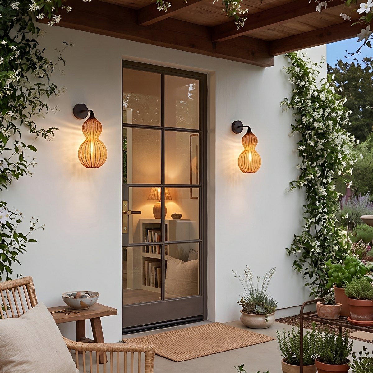 Waterproof Coastal Gourd Handwoven Rattan Outdoor Wall Lights - Flyachilles