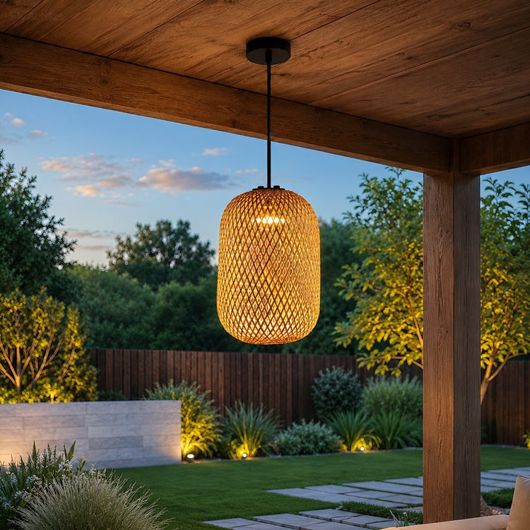 Waterproof Coastal Rounded Cylinder Rattan LED Outdoor Pendant Light - Flyachilles