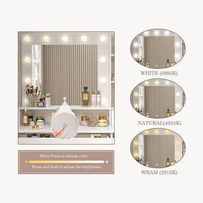 White Makeup Vanities Dressing table With LED Mirror &amp; 3 Drawers - Flyachilles