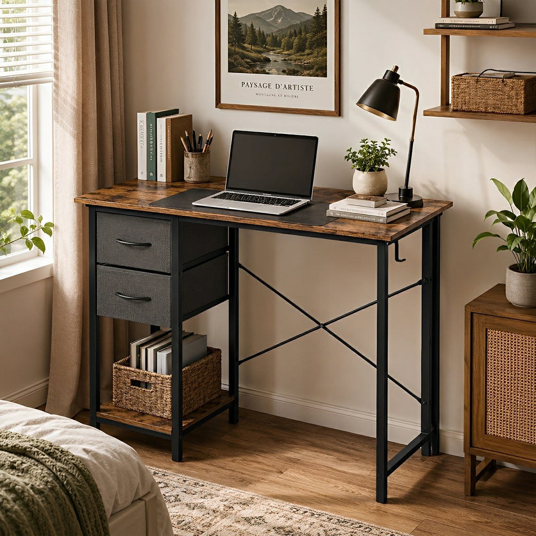 Wooden Writing Desk with Drawer &amp; Hook for Home Office - Flyachilles