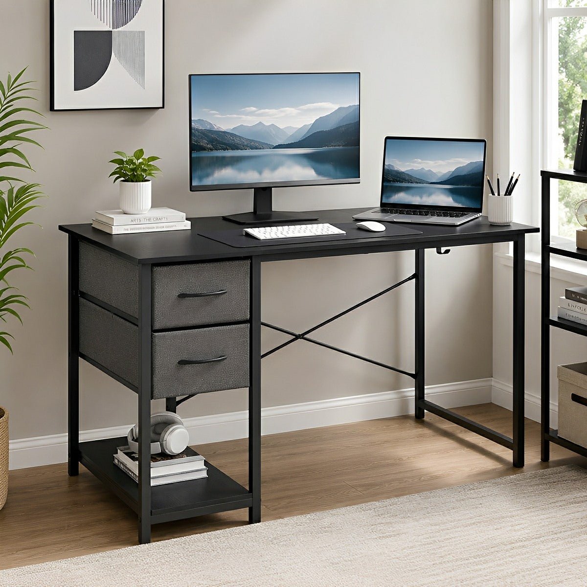 Wooden Writing Desk with Drawer &amp; Hook for Home Office - Flyachilles
