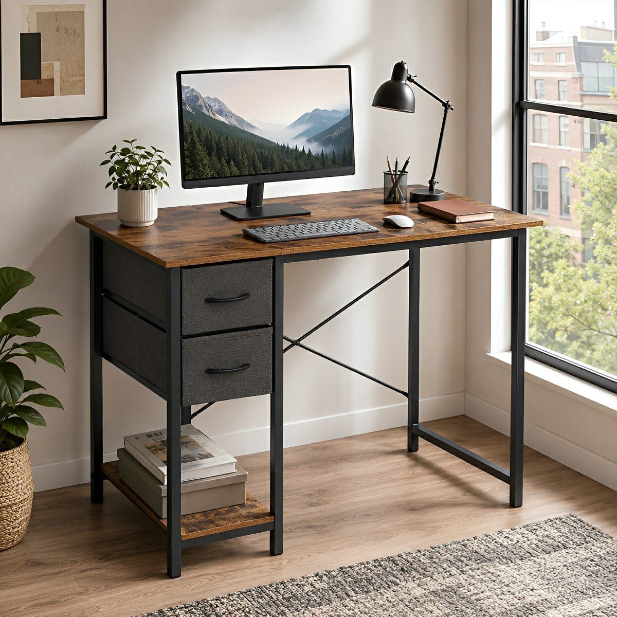 Wooden Writing Desk with Drawer &amp; Hook for Home Office - Flyachilles